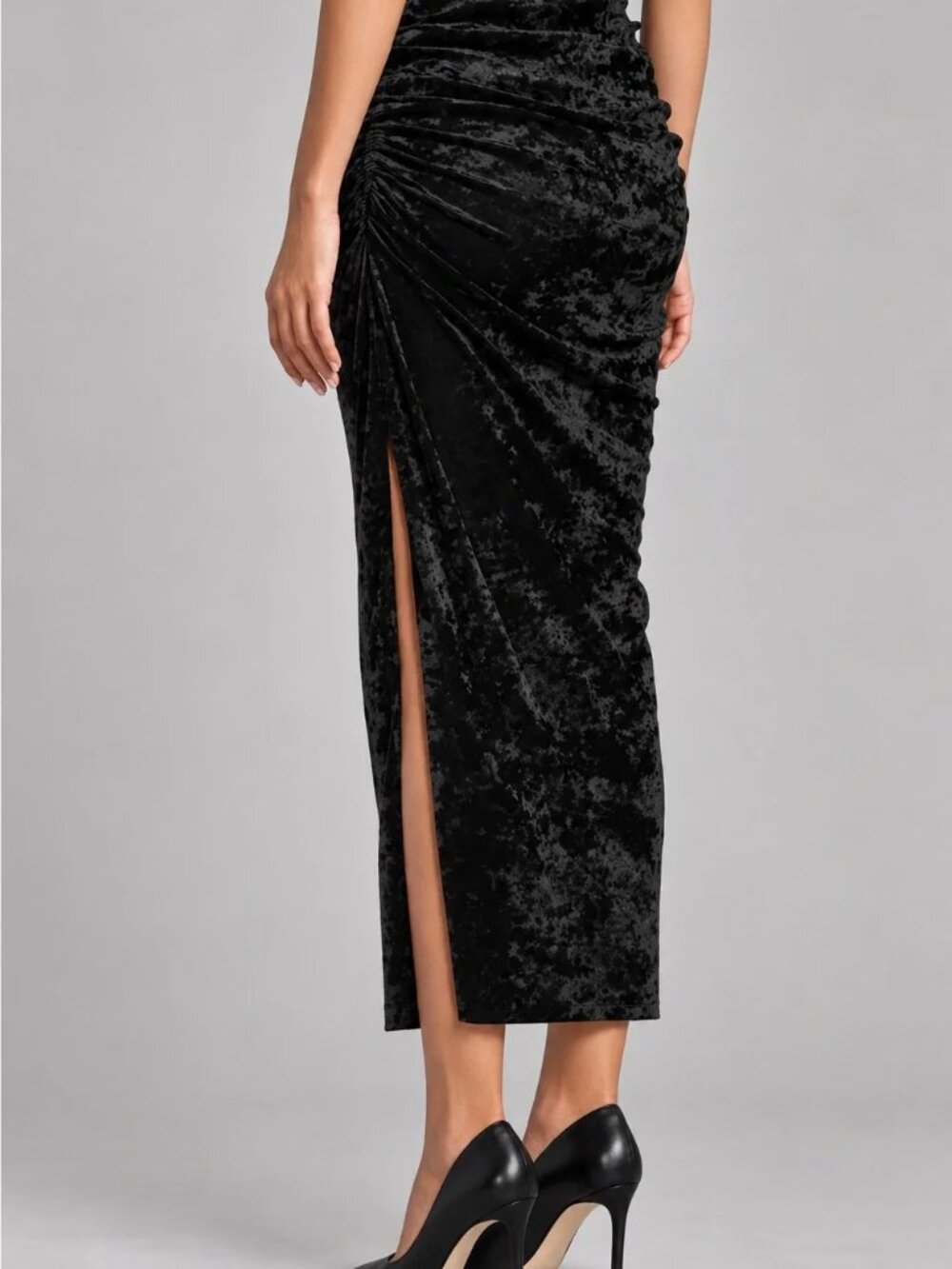 Antonio Melani Black Crushed Velvet Side Ruched Slit Maxi Skirt – NWT Size 8 - Picture 2 of 7